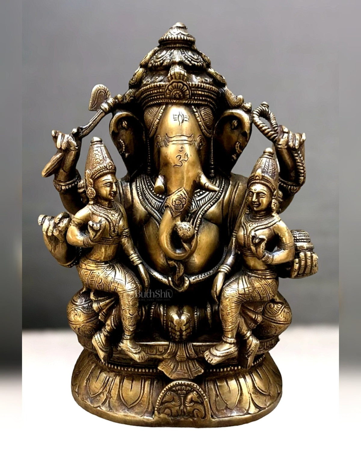 Brass Ganesha with Wives Riddhi and Siddhi - 12 Inch - Budhshiv.com