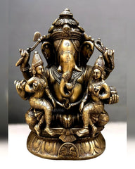 Brass Ganesha with Wives Riddhi and Siddhi - 12 Inch - Budhshiv.com
