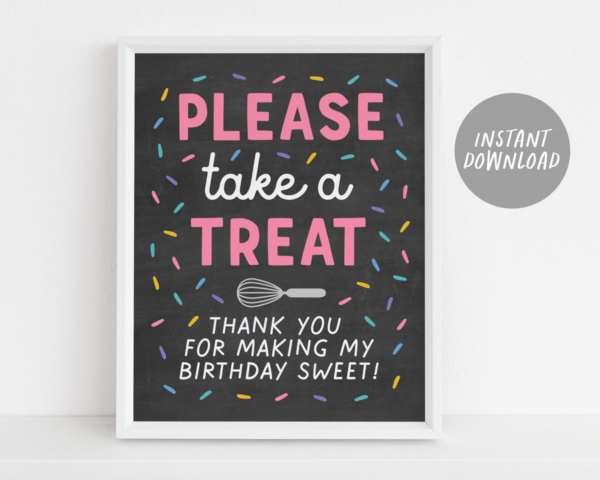 Take A Treat Sign Printable, Cupcake Decorating Birthday Party, Kids Baking Sprinkle Sign, Party Favors Sign, Girl Baking Party Decorations