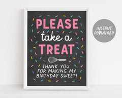 Take A Treat Sign Printable, Cupcake Decorating Birthday Party, Kids Baking Sprinkle Sign, Party Favors Sign, Girl Baking Party Decorations