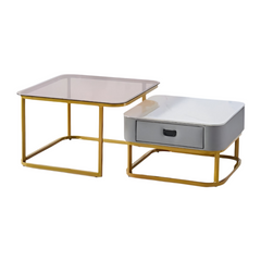 Nesting Square Glass Top Coffee Table With Marble Top Drawer Table Xt-5 Gold And Grey