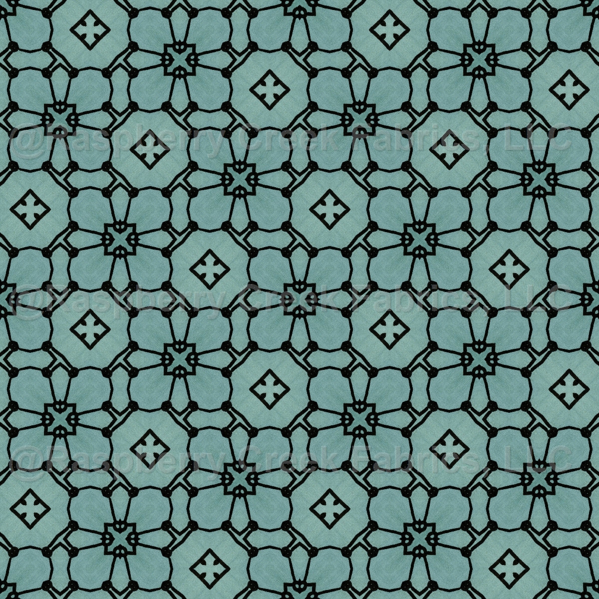 Watercolor Window | Flower Ironwork on Teal Green Fabric, Raspberry Creek Fabrics, watermarked