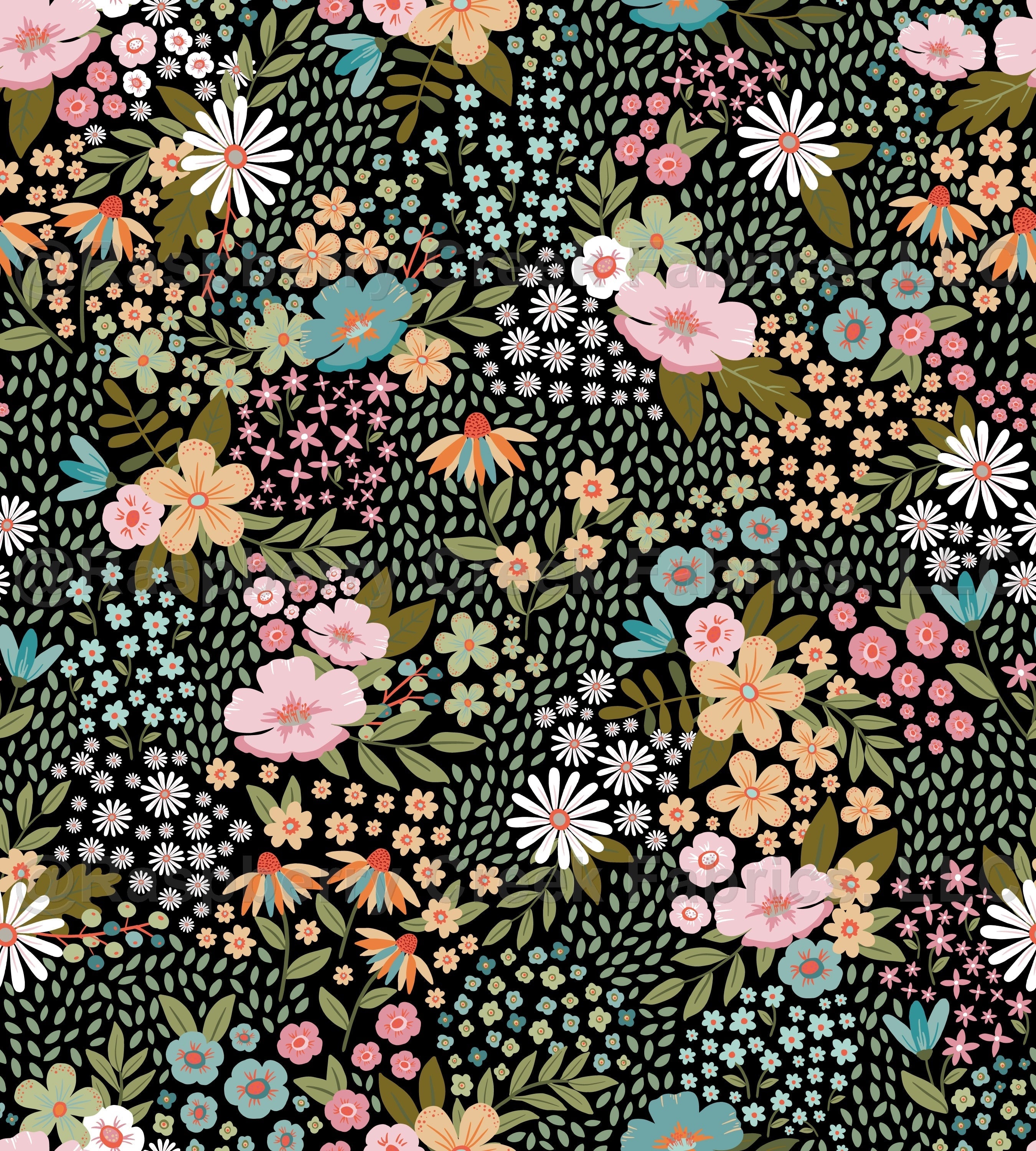 Wild and Free Wildflowers on black, colorful modern floral botanical illustration, pink, light orange, green Fabric, Raspberry Creek Fabrics, watermarked
