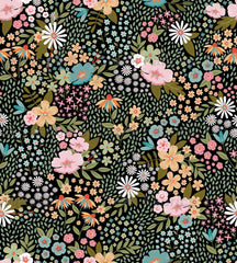 Wild and Free Wildflowers on black, colorful modern floral botanical illustration, pink, light orange, green Fabric, Raspberry Creek Fabrics, watermarked