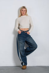 Yüksek Bel Baggy Denim %100 Pamuk Yanı Şertili  kadın Kot Baggy Jean Pantolon @Barrel Maule